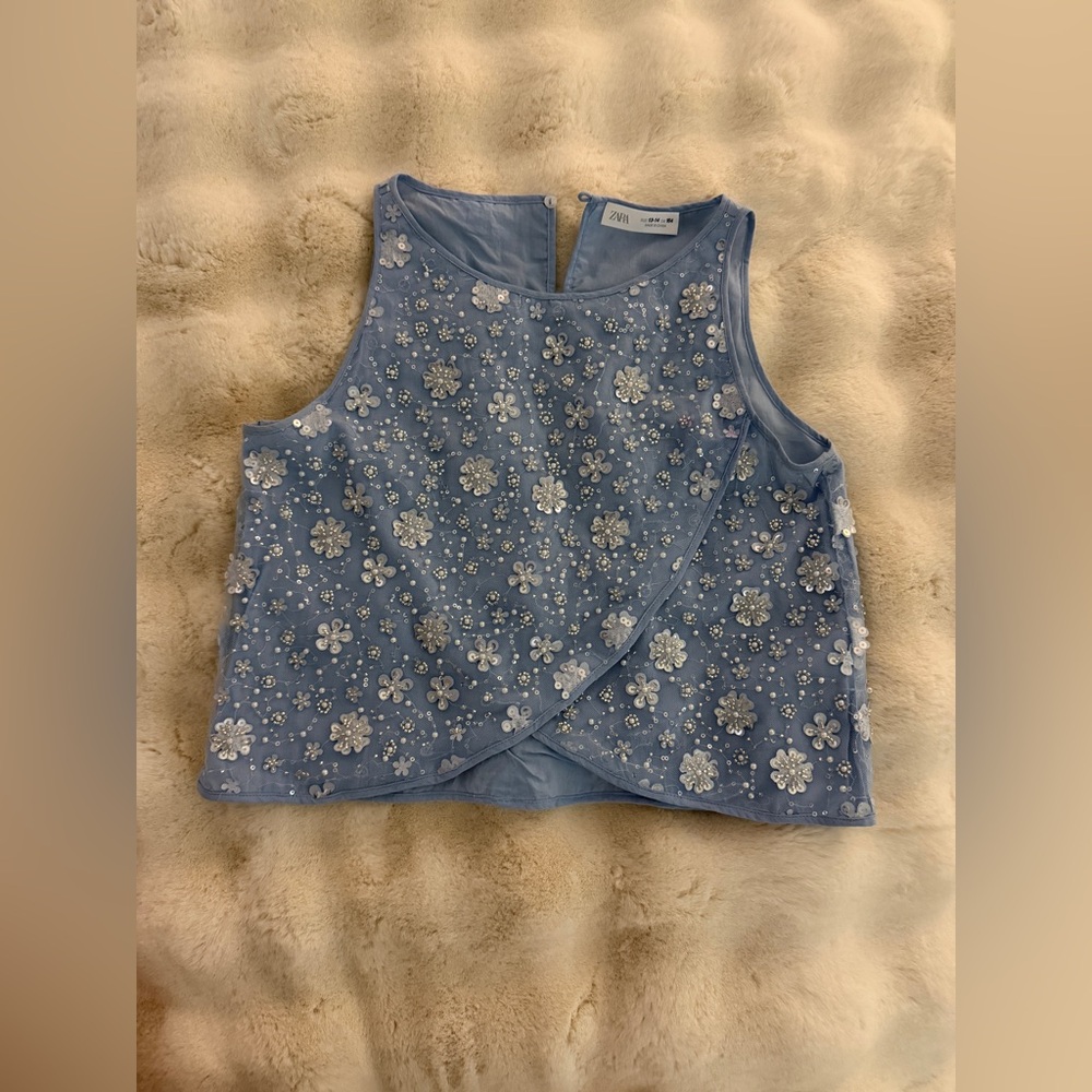 Zara Light Blue Beaded Floral Mesh Crop Tank